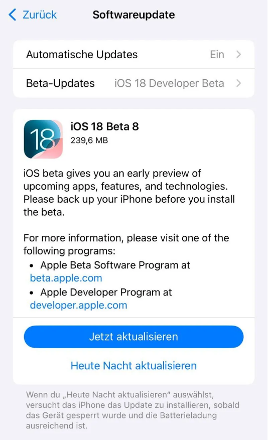 宁阳苹果手机维修分享苹果 iOS / iPadOS 18 开发者预览版 Beta 8 发布 